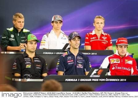 19.06.2014, Red Bull Ring, Spielberg, AUT, FIA, Formel 1, Grosser Preis von Oesterreich, Vorberichte, im Bild Presekonferenz mit Marcus Ericson, (SWE, Caterham F1 Team), Esteban Gutierrez, (MEX, Sauber F1 Team), Max Chilton, (GBR, Marussia F1 Team), Sergio Perez, (MEX, Sahara Force India F1 Team), Daniel Ricciardo, (AUS, Infiniti Red Bull Racing), Fernando Alonso, (ESP, Scuderia Ferrari) during the Preparation of the Austrian Formula One Grand Prix at the Red Bull Ring in Spielberg, Austria, 2014 06 19, , EP_kuh EX