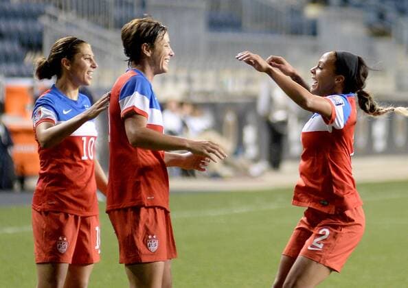 Oct. 26, 2014 - Chester, PA, USA - 20141026 - USA midfielder Carli Lloyd (10), left, and USA forward Sydney Leroux (2), right, congratulate USA forward Abby Wambach (20) on her fourth goal of the match against Costa Rica in the second half of the CONCACAF women s World Cup qualifying final at PPL Park in Chester, Pa. The USA defeated Costa Rica in the CONCACAF final, 6-0. CHESTER, PA 2014 - USA v Costa Rica women s soccer World Cup Qualifier Final - ZUMAm139