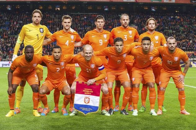 (Top Row L-R) Tim Krul, Joel Veltman, Klaas-Jan Huntelaar, Ron Vlaar, Daley Blind (Front row L-R) Jetro Willems, Ricardo van Rhijn, Arjen Robben, Ibrahim Afellay, Memphis Depay, Wesley Sneijder during the International friendly match of Netherlands on November 12, 2014 at the Amsterdam Arena in Amsterdam, The Netherlands. International Friendly 2014 xVIxxIVx 3268703