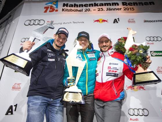 24.01.2015, Zielhaus, Kitzbuehel, AUT, FIS Ski Weltcup, Abfahrt, Herren, Siegerehrung, im Bild v.l. Guillermo Fayed (FRA, 3. Platz), Kjetil Jansrud (NOR, 1. Platz), Dominik Paris (ITA, 2. Platz) 3rd placed Guillermo Fayed of France, 1st placed Kjetil Jansrud of Norway, 2nd placed Dominik Paris of Italy celebrates on podium during the award ceremony for the men s downhill of Kitzbuehel FIS Ski Alpine World Cup at the Zielhaus in Kitzbuehel, Austria on 2015 01 24. EX_GRO