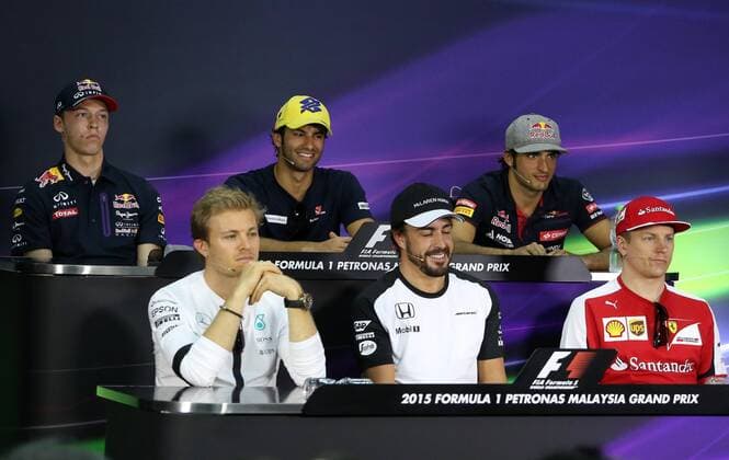 Nico Rosberg; Mercedes Grand Prix, Fernando Alonso, McLaren Honda, Kimi Räikkönen, Scuderia Ferrari, Daniil Kwjat; Red Bull Racing, Felipe Nasr, Sauber, Carlos Sainz jun, Scuderia Toro Rosso, formula 1 GP, Malaysia in Kuala Lumpur Sepang 26.03.2015 Photo:mspb Thomas Melzer PK, formula 1 GP, Malaysia