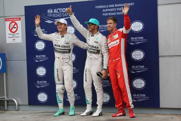 Lewis Hamilton; Mercedes Grand Prix, Platz 1 beim Qualifying, Sebastian Vettel, Scuderia Ferrari, Platz 2, Platz 3 Nico Rosberg; Mercedes Grand Prix, formula 1 GP, Malaysia in Kuala Lumpur Sepang 28.03.2015 Photo:mspb Thomas Melzer Nico Rosberg, Lewis Hamilton; Sebastian Vettel, formula 1 GP, Malaysia