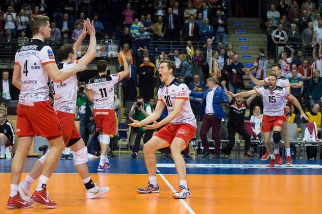 28.03.2015, Max Schmeling Halle, Berlin Volleyball, 2015 CEV Volleyball Champions League, Final Four, Halbfinale, Asseco Resovia Rzeszow (POL) vs. PGE Skra Belchatow (POL) Jubel Piotr Nowakowski ( 4 Rzeszow), Marko Ivovic ( 8 Rzeszow), Fabian Drzyzga ( 11 Rzeszow), Jochen Schöps Schoeps ( 10 Rzeszow), Russel Holmes ( 15 Rzeszow)