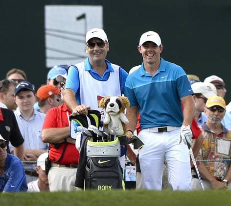 May 17, 2015 - Charlotte, NC, USA - Rory McIlroy, right, and his caddie, J.P. Fitzgerald, left, laugh as they wait to tee up at the 17th tee box during the final round of the Wells Fargo Championship on Sunday, May 17, 2015, at Quail Hollow Club in Charlotte, N.C. Wells Fargo Championship, final round - ZUMAm67_