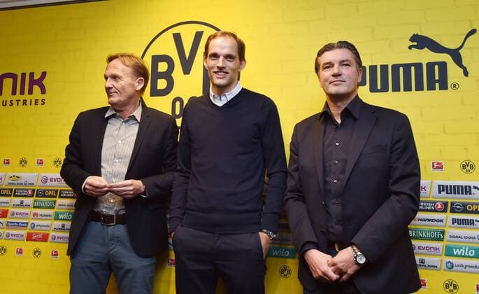 03.06.2015, Fussball, Saison 2015 16, 1. Bundesliga, Pressekonferenz, Vorstellung von Thomas Tuchel als neuer Trainer von Borussia Dortmund, v.re., Manager Michael Zorc (Borussia Dortmund), Trainer Thomas Tuchel (Borussia Dortmund), Geschaeftsfuehrer Hans-Joachim Watzke (Hans Joachim Watzke, Borussia Dortmund)