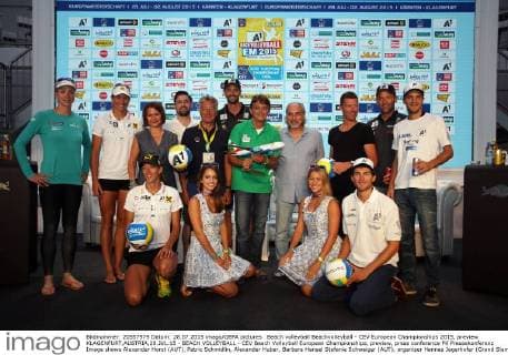 Beach volleyball Beachvolleyball - CEV European Championships 2015, preview KLAGENFURT,AUSTRIA,28.JUL.15 - BEACH VOLLEYBALL - CEV Beach Volleyball European Championships, preview, press conference PK Pressekonferenz Image shows Alexander Horst (AUT), Patric Schmidlin, Alexander Huber, Barbara Hansel Stefanie Schwaiger (AUT), organizer Hannes Jagerhofer (Grand Slam), Madelein Meppelink (NED), president Peter Kleinmann (OEVV), Clemens Doppler (AUT), Susanne Speil (A1), Robin Seidl (AUT), Renato Arena (CEV) and Girls. GEPAxpictures xDanielxGoetzhaber