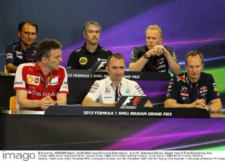 (L to R): Giampaolo Dall ara, Sauber Head of Track Engineering, Nick Chester (GBR) Lotus Technical Director, Andrew Green (GBR) Force India Technical Director, James Allison (GBR) Ferrari Chassis Technical Director, Paddy Lowe (GBR) Mercedes AMG F1 Executive Director and Paul Monaghan (GBR) Red Bull Racing Chief Engineer in the press conference PK Pressekonferenz at Formula One World Championship WM Weltmeisterschaft Rd11, Belgian Grand Prix, Practice, Spa Francorchamps, Belgium, Friday 21 August 2015. FORMULE 1 : Grand Prix de Belgique - Essais - 21 08 2015 Sutton Panoramic