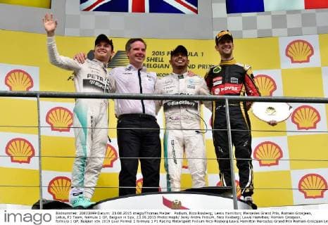Podium, Nico Rosberg; Lewis Hamilton; Mercedes Grand Prix, Romain Grosjean, Lotus, F1 Team, formula 1 GP, Belgien in Spa, 23.08.2015 Photo:mspb Jerry Andre Podium, Nico Rosberg; Lewis Hamilton; Romain Grosjean, formula 1 GP, Belgien