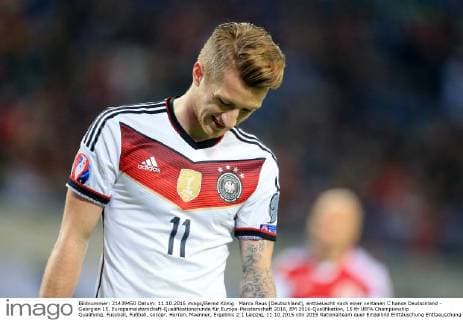 Marco Reus (Deutschland), enttaeuscht nach einer vertanen C hance Deutschland - Georgien 15. Europameisterschaft-Qualifikationsrunde für Europa-Meisterschaft 2016, EM 2016-Qualifikation, 15 th UEFA Championship Qualifying, Fussball, Fußball, soccer, Herren, Maenner, Ergebnis 2:1 Leipzig, 11.10.2015