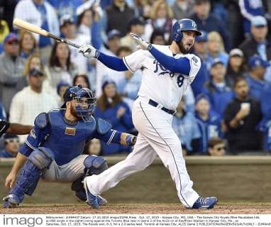 Oct. 17, 2015 - Kansas City, MO, USA - The Kansas City Royals Mike Moustakas hits an RBI single in the eighth inning against the Toronto Blue Jays in Game 2 of the ALCS on at Kauffman Stadium in Kansas City, Mo., on Saturday, Oct. 17, 2015. The Royals won, 6-3, for a 2-0 series lead. Toronto at Kansas City, ALCS Game 2 - ZUMAm67_