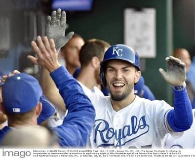Oct. 17, 2015 - Kansas City, MO, USA - The Kansas City Royals Eric Hosmer is congratulated by teammates after he scored on an eighth-inning single by Mike Moustakas against the Toronto Blue Jays in Game 2 of the ALCS on at Kauffman Stadium in Kansas City, Mo., on Saturday, Oct. 17, 2015. The Royals won, 6-3, for a 2-0 series lead. Toronto at Kansas City, ALCS Game 2 - ZUMAm67_