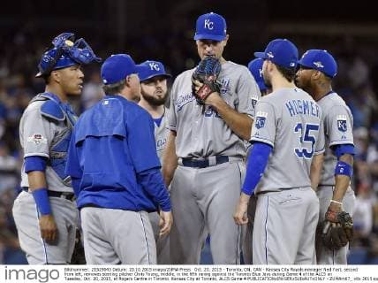 Oct. 20, 2015 - Toronto, ON, CAN - Kansas City Royals manager Ned Yost, second from left, removes starting pitcher Chris Young, middle, in the fifth inning against the Toronto Blue Jays during Game 4 of the ALCS on Tuesday, Oct. 20, 2015, at Rogers Centre in Toronto. Kansas City at Toronto, ALCS Game 4 - ZUMAm67_
