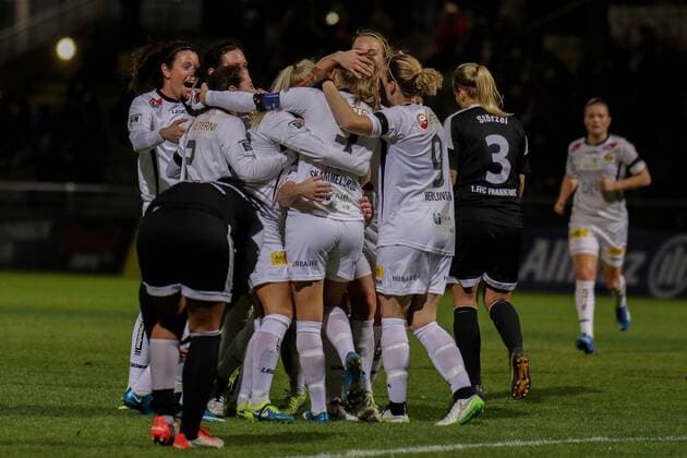 Spielerinnen des LSK Kvinner jubeln über das Tor zum 0:2, Jubel, Torjubel, Torerfolg, celebrate the goal, goal, celebration, Jubel ueber das Tor, optimistisch, Action, Aktion, Fussball, UEFA Women s Champions League, 1. FFC Frankfurt - Lilleström SK Kvinner, xozx