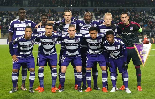 - BRUSSELS, BELGIUM: Anderlecht s Kara Mbodji, Anderlecht s Fabrice N Sakala, Anderlecht s Guillaume Gillet, Anderlecht s Stefano Okaka, Anderlecht s Olivier Deschacht, Anderlecht s goalkeeper Silvio Proto, Anderlecht s Youri Tielemans, Anderlecht s Matias Suarez, Anderlecht s Dennis Praet, Anderlecht s Andy Najar and Anderlecht s Mahmoud Trezeguet Hassan pictured at the start of a soccer game between Belgian club RSC Anderlecht and Azerbaijani team Qarabag Futbol Klubu in Brussels, Thursday 10 December 2015, the sixth and last game in the group stage of the UEFA Europa League competition, in group J. VIRGINIExLEFOUR x04755322x