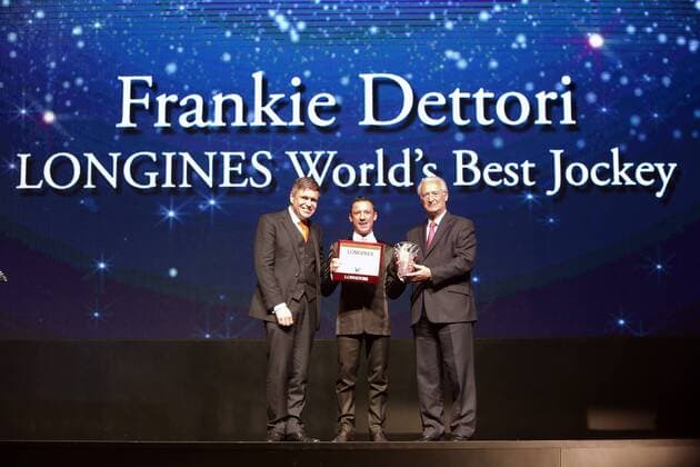 11.12.2015, Hong Kong, Hongkong, CHN, CHINA - Juan-Carlos Capelli (left) and Louis Romanet (right) present the trophy to jockey Frankie Dettori at the LONGINES World™s Best Jockey Award ceremony. (Jockey, Dettori, Ehrung, Portrait, Portraet, Capelli, Romanet, Porträt) 103D111215HONGKONG.JPG