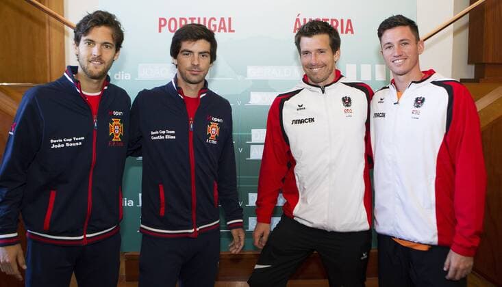 Tennis, Davis Cup, Portugal - Österreich Pressetermin TENNIS - ITF, Davis Cup, POR vs AUT GUIMARAES,PORTUGAL,03.MAR.16 - TENNIS - ITF, Davis Cup, Portugal vs Austria, draw. Image shows Joao Sousa, Gastao Elias (POR), Alexander Peya and Dennis Novak (AUT). GEPAxpictures xMatthiasxHauer