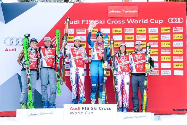 SKI CROSS - FIS SX WC Arosa AROSA,SWITZERLAND,04.MAR.16 - FREESTYLE SKIING - FIS World Cup, Ski Cross, ladies, men, award ceremony for the overall World Cup. Image shows Marielle Thompson, Christopher Delbosco (CAN), Jean Frederic Chapuis (FRA), Anna Holmlund (SWE), Alizee Baron (FRA) and Brady Leman (CAN). Keywords: crystal globe. Keywords: trophy. GEPAxpictures xOliverxLerch