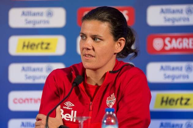 Christine Sinclair (Kapitän Kanada) Albufeira, Portugal, 08.03.2016 - Fussball, Frauenfussball, Algarve Cup 2016, Abschlusspressekonferenz, Fussball, Frauenfussball, Algarve Cup 2016, Abschlusspressekonferenz, xKLx