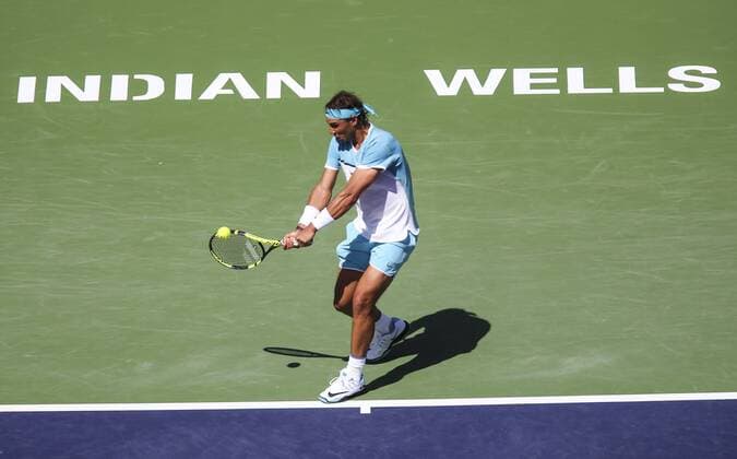 March 19, 2016 - Los Angeles, California, U.S - Rafael Nadal, of Spain, in actions against Novak Djokovic, of Serbia, during the men singles semifinal match of the BNP Paribas Open tennis tournament on Saturday, March 19, 2016 in Indian Wells, California. Â Djokovic.won 7-6, 6-2. BNP Paribas Open 2016 Men s Singles Semifinal - ZUMAc68_