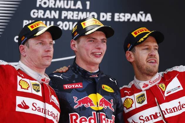 Bilder des Tages - SPORT Formel 1, GP von Spanien, Sieger Max Verstappen Motorsports: FIA Formula One World Championship WM Weltmeisterschaft 2016, Race in Barcelona, 7 Kimi Raikkonen (FIN, Scuderia Ferrari), 33 Max Verstappen (NDL, Red Bull Racing), 5 Sebastian Vettel (GER, Scuderia Ferrari), xHOCHxZWEIx