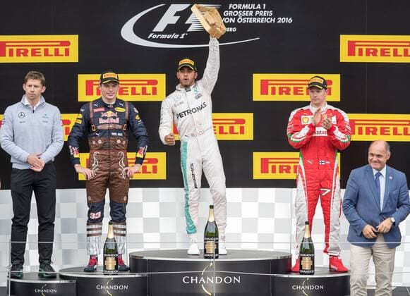 03.07.2016, Red Bull Ring, Spielberg, AUT, FIA, Formel 1, Grosser Preis von Oesterreich, Rennen, im Bild Podium v.l. Chef Stratege AMG Mercedes Team James Vowles, Max Verstappen (NED, 2. Platz) Red Bull Racing, Lewis Hamilton (GBR 1. Platz) Mercedes AMG Petronas F1 Team, Kimi Raeikkoenen (FIN, 3. Platz) Scuderia Ferrari, BM Wolfgang Sobotka Podium f.l. Chief Strategist of AMG Mercedes Team James Vowles 2nd placed Dutch Formula One driver Max Verstappen of Red Bull Racing Race winner British Formula One driver Lewis Hamilton of Mercedes AMG F1 3rd placed Finnish Formula One driver Kimi Raeikkoenen of Scuderia Ferrari and minister of interior Wolfgang Sobotka during the Race for the Austrian Formula One Grand Prix at the Red Bull Ring in Spielberg, Austria on 2016 07 03. -Pressefoto Spielberg EP_gro