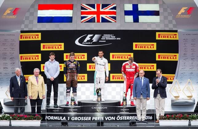 03.07.2016, Red Bull Ring, Spielberg, AUT, FIA, Formel 1, Grosser Preis von Oesterreich, Rennen, im Bild Podium v.l. Landeshauptmann Hermann Schuetzenhofer, Chef Stratege AMG Mercedes Team James Vowles, Max Verstappen (NED, 2. Platz) Red Bull Racing, Lewis Hamilton (GBR 1. Platz) Mercedes AMG Petronas F1 Team, Kimi Raeikkoenen (FIN, 3. Platz) Scuderia Ferrari, BM Wolfgang Sobotka Podium f.l. Govenor Herman Schuetzenhoefer Chief Strategist of AMG Mercedes Team James Vowles 2nd placed Dutch Formula One driver Max Verstappen of Red Bull Racing Race winner British Formula One driver Lewis Hamilton of Mercedes AMG F1 3rd placed Finnish Formula One driver Kimi Raeikkoenen of Scuderia Ferrari and minister of interior Wolfgang Sobotka during the Race for the Austrian Formula One Grand Prix at the Red Bull Ring in Spielberg, Austria on 2016 07 03. -Pressefoto Spielberg EP_gro
