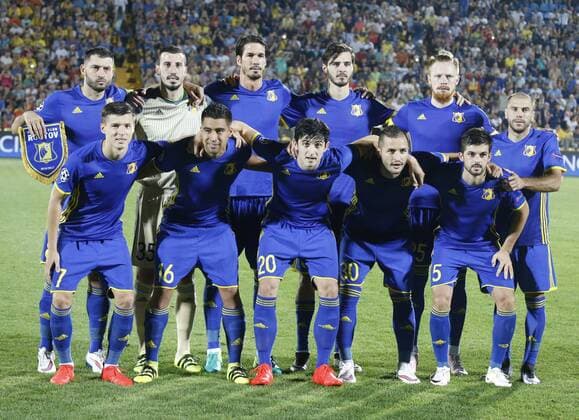 ROSTOV-ON-DON, RUSSIA - AUGUST 24, 2016: Rostov s Dmitry Poloz, Christian Noboa, Sardar Azmoun, Fyodor Kudryashov, Denis Terentyev (L-R front), Alexandru Gatcan, goalkeeper Soslan Dzhanayev, Cesar Navas, Alexander Yerokhin, Ivan Novoseltsev (L-R background) in the 2016 17 UEFA Champions League First playoff round 2nd leg match against Ajax Amsterdam at Olimp-2 Stadium. FC Rostov won the game 4:1. Valery Matytsin TASS TS02E805