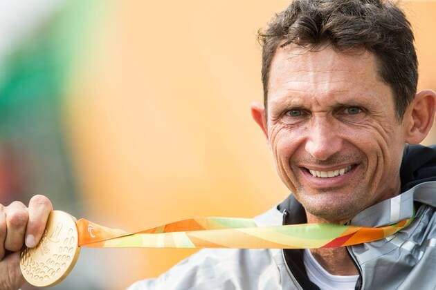 14.09.2016, Pontal, Rio de Janeiro, BRA, Rio 2016, Paralympische Sommerspiele, Handbike, Zeiitfahren, Herren, im Bild Winner Michael Teuber of Germany celebrates during the Men s Time Trial H5 of Cycling Road of the 2016 Rio Summer Paralympics at the Pontal in Rio de Janeiro, Brazil on 2016 09 14. Rio de Janeiro EP_stida