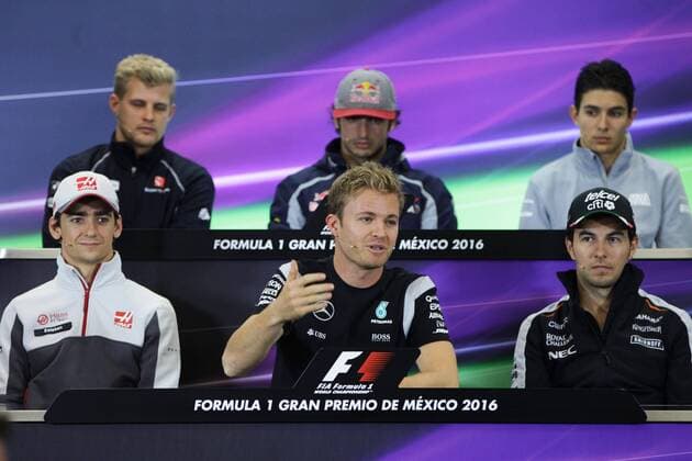 Formula One drivers, Mexican Esteban Gutierrez (L, down) from Haas, German Nico Rosberg (C, down) from Mercedes, Mexican Sergio Perez (R, down) from Force India, Swedish Marcus Ericsson (L, up) from Sauber, Spanish Carlos Sainz (C, up) from Toro Rosso and French Esteban Ocon (R, up) from Manor take part at a press conference PK Pressekonferenz during Mexico s Formula One Grand Prix, due to start next 30 October at Hermanos Rodriguez racetrack, in Mexico City, Mexico, 27 October 2016. EFE Jose Mendez GRAND PRIX FORMULA ONE PRESS CONFERENCE IN MEXICO !ACHTUNG: NUR REDAKTIONELLE NUTZUNG! MEX001 20161027-636131947887364635