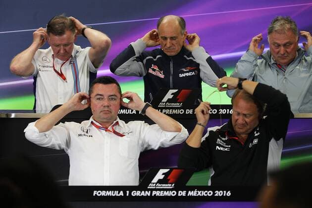 Team s directors Mike O Driscoll (L, back) from Williams, Franz Tosto (C, back) from Toro Rosso, Dave Ryan (R, back) from Mano Racing, Eric Bouller (L, front) from McLaren and Robert Fernley (R, front) from Force India prepare for a press conference PK Pressekonferenz after the free practice of Mexico s Formula One Grand Prix at Hermanos Rodriguez racetrack in Mexico City, Mexico, 28 October 2016. FREE PRACTICE AT MEXICO S FORMULA ONE GRAND PRIX !ACHTUNG: NUR REDAKTIONELLE NUTZUNG! MEX001 20161029-636132990015388969