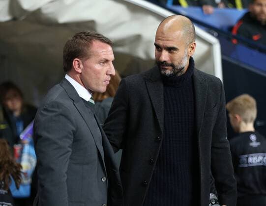 Fußball, CL, Manchester City - Celtic Glasgow Brendan Rogers manager of Celtic and Josep Guardiola manager of Manchester City during the Champions League Group C match at the Etihad Stadium, Manchester. Picture date: December 6th, 2016. Pic Simon Bellis Sportimage EDITORIAL USE ONLY. No use with unauthorised audio, video, data, fixture lists, club league logos or live services. Online in-match use limited to 120 images, no video emulation. No use in betting, games or single club league player publications.