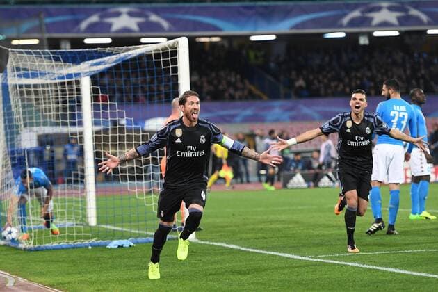 Fußball, CL, SSC Neapel - Real Madrid ITALY OUTReal Madrid s Sergio Ramos, left, celebrates after scoring during a Champions League, round of 16, return-leg soccer match between Napoli and Real Madrid, at the San Paolo stadium in Naples, Italy, Tuesday, March 7, 2017. (Ciro Fusco ANSA via AP)during the UEFA Champions League round of 16 match between SSC Napoli and Real Madrid on March 07, 2017 at the Stadio San Paolo in Naples, Italy SSC Napoli v Real Madrid UEFA Champions League 2016 2017 xVIxAPxIVx 7278636
