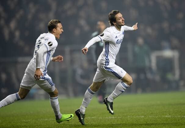 Fußball, EL, FC Kopenhagen - Ajax Amsterdam DK: 20170309, K¿benhavn, Danmark: Europa League fodbold, 1 8 finale, FC K¿benhavn - AFC Ajax: Rasmus Falk, FC K¿benhavn, FCK scorer til 1-0 Foto: Lars M¿ller UK: 20170309, Copenhagen, Denmark: Europa League football, 1 8 final, FC Copenhagen - AFC Ajax: Rasmus Falk, FC K¿benhavn, FCK scores to 1-0