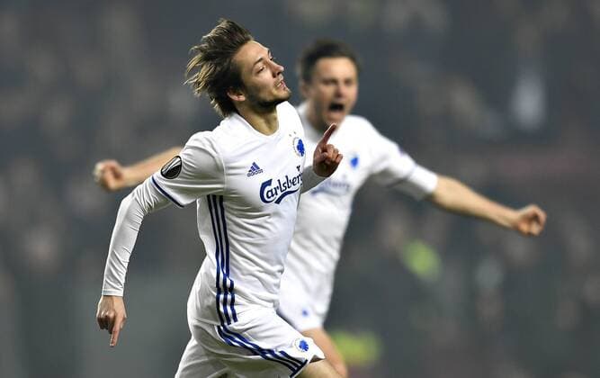 Fußball, EL, FC Kopenhagen - Ajax Amsterdam DK: 20170309, K¿benhavn, Danmark: Europa League fodbold, 1 8 finale, FC K¿benhavn - AFC Ajax: Rasmus Falk, FC K¿benhavn, FCK scorer til 1-0 Foto: Lars M¿ller UK: 20170309, Copenhagen, Denmark: Europa League football, 1 8 final, FC Copenhagen - AFC Ajax: Rasmus Falk, FC K¿benhavn, FCK scores to 1-0