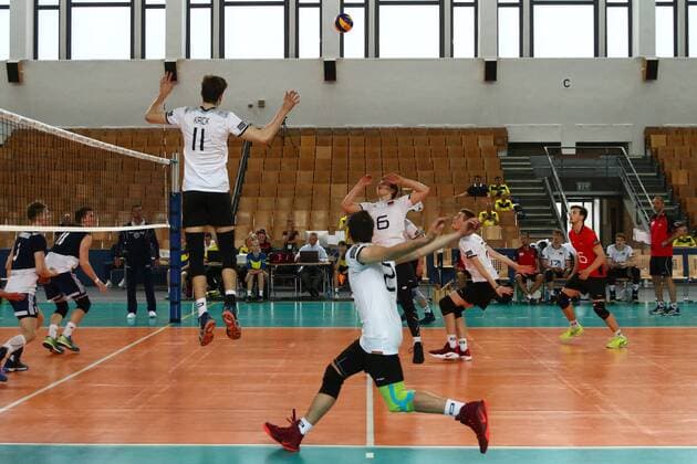Volleyball, Herren U21 U 21 Saison 2016 17, WM-Quali, Deutschland - Polen, Jakub Kochanowski (Nr. 3, Polen U21), Tomasz Fornal (Nr. 18, Polen U21), Tobias Krick (Nr. 11, Deutschland U21), Moritz Rauber (Nr. 2, Deutschland U21), Johannes Tille (Nr. 6, Deutschland U21), Corbin Balster (Nr. 7, Deutschland U21), Julian Zenger (Nr. 16, Deutschland U21), 21.05.17, Copyright: xMichaelxHundtx xMatthiasxKochx