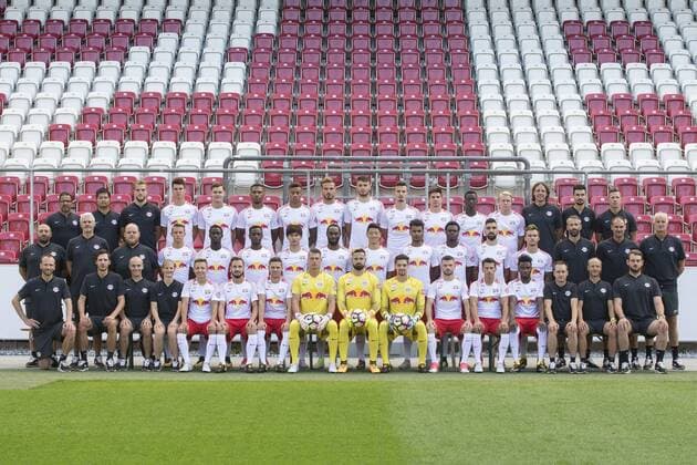 SOCCER - BL, RBS, team photoshooting SALZBURG,AUSTRIA,05.JUL.17 - SOCCER - tipico Bundesliga, Red Bull Salzburg, team photo shooting. Image shows in 3rd row: translator Mustapha Mesloub, translator Yuki Miyazawa, mental coach Ulf Haefelinger, Mathias Honsak, Stefan Stangl, Paulo Miranda, Igor, Marin Pongracic, Duje Caleta-Car, Mergim Berisha, Patrick Farkas, Amadou Haidara, Xaver Schlager, assistant coach Rene Aufhauser, translator Dragan Radovanovic, athlet coach Patrick Eibenberger (RBS). in 2nd row: kit manager Hakan Efe, kit manager Thomas Strasser, cook Tobias Brunner, Hannes Wolf, Diadie Samassekou, David Atanga, Takumi Minamino, Reinhold Yabo, Hee Chan Hwang, Valentino Lazaro, Dimitri Oberlin, Munas Dabbur, Frederik Gulbrandsen, head coach Marco Rose, assistant coach Alexander Zickler, goalkeeper coach Herbert Ilsanker (RBS). in 1st row: physical therapist David Selbach, physical therapist Simon Egger, physical therapist Scott Eisele, physical therapist Cornelia Werdenich, Marc Rzatkowski, Andreas Ulmer, Christoph Leitgeb, Alexander Walke, Carlos Coronel, Cican Stankovic, Valon Berisha, Stefan Lainer, Samuel Tetteh, video analyst Rainer Sonnberger, rehabilitation coach Ralf Neumann and assistant coach Rene Maric (RBS). GEPAxpictures xFelixxRoittner