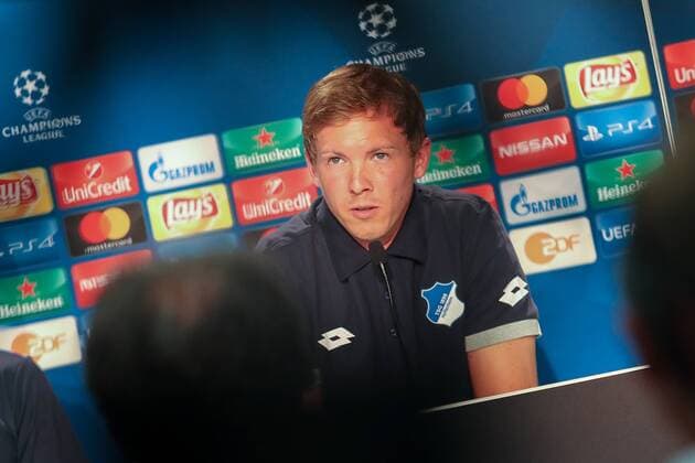 Julian Nagelsmann (Trainer, Cheftrainer, Hoffenheim), bei der Pressekonferenz am Vortag des Spiels, Abschlusspressekonferenz, PK, press conference PK Pressekonferenz Pressetermin, Medientermin, Einzelbild, Porträt, Portrait, Fussball, UEFA Champions League Qualifikation, MD-1, TSG 1899 Hoffenheim - FC Liverpool, xozx