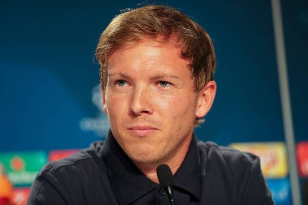 Julian Nagelsmann (Trainer, Cheftrainer, Hoffenheim), bei der Pressekonferenz am Vortag des Spiels, Abschlusspressekonferenz, PK, press conference PK Pressekonferenz Pressetermin, Medientermin, Porträt, Portrait, Einzelbild, Fussball, UEFA Champions League Qualifikation, MD-1, TSG 1899 Hoffenheim - FC Liverpool, xozx