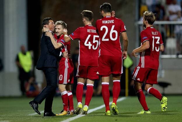 PXL_UEFA Champions League play-off, 2nd leg, HNK Rijeka v- FC Olympiacos 22.08.2017., HNK Rijeka Stadium, Rijeka, Croatia - UEFA Champions League play-off, 2nd leg, HNK Rijeka - FC Olympiacos.Coach of Olympiacos Besnik Hasi, Marko Marin, Panagiotis Retsos, Jagos Vukovic. IgorxKralj PIXSELL