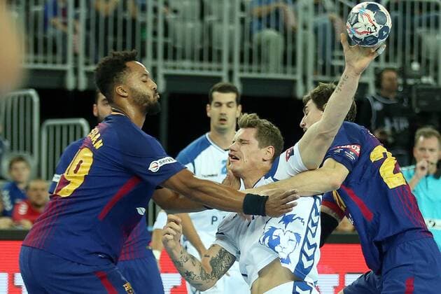 VELUX EHF Champions League, Group A, Round 9, RK PPD Zagreb - FC Barcelona Barca 23.11.2017., Croatia, Arena Zagreb, Zagreb - VELUX EHF Champions League, Group A, Round 9, RK PPD Zagreb - FC Barcelona. Timothey N guessan, Mario Vuglac, Kamil Syprzak. GoranxStanzl PIXSELL