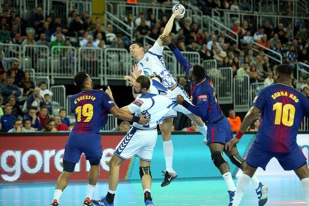 VELUX EHF Champions League, Group A, Round 9, RK PPD Zagreb - FC Barcelona Barca 23.11.2017., Croatia, Arena Zagreb, Zagreb - VELUX EHF Champions League, Group A, Round 9, RK PPD Zagreb - FC Barcelona. Timothey N guessan, Zarko Markovic, Igor Vori, Alexis Hernandez Borges. GoranxStanzl PIXSELL