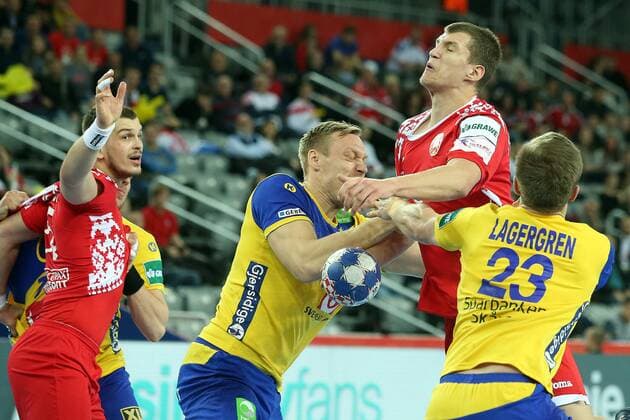 Handball, EM, Schweden - Weißrussland European Handball Championship, Group I, 3rd round, Sweden - Belarus 22.01.2018., Arena Zagreb, Zagreb, Croatia - 2018 European Men s Handball Championship, Group I, 3rd round, Sweden - Belarus. Mikalai Aliokhin, Albin Lagergren. GoranxStanzl PIXSELL
