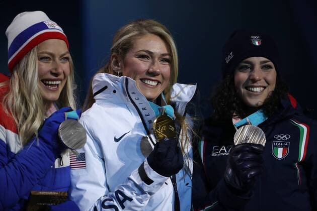 PyeongChang 2018, Ski Alpin, Riesenslalom der Damen, Siegerehrung OLYMPICS - 2018 Winter Olympics PYEONGCHANG,SOUTH KOREA,15.FEB.18 - OLYMPICS, ALPINE SKIING - Olympic Winter games Winterspiele Spiele Summer games PyeongChang 2018, medal plaza, slalom, ladies, award ceremony. Image shows Ragnhild Mowinckel (NOR), Mikaela Shiffrin (USA) and Federica Brignone (ITA). GEPAxpictures xAndreasxPranter