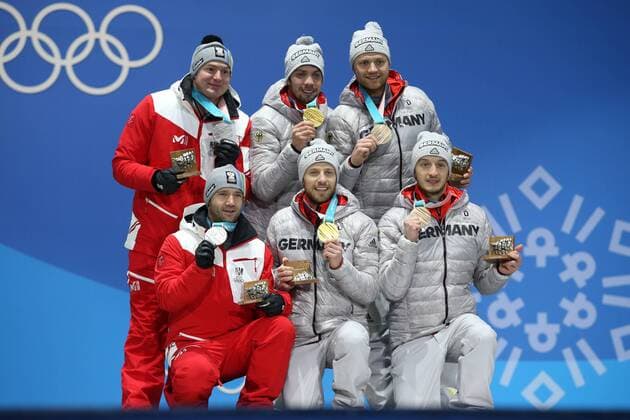 OLYMPICS - 2018 Winter Olympics PYEONGCHANG,SOUTH KOREA,16.FEB.18 - OLYMPICS,LUGE - Olympic Winter games Winterspiele Spiele Summer games PyeongChang 2018, Medals Plaza, Doubles, award ceremony. Image shows Peter Penz, Georg Fischler (AUT), Tobias Wendl, Tobias Arlt (GER), Toni Eggert and Sascha Benecken (GER). GEPAxpictures xMathiasxMandl