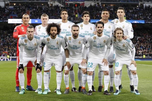 (Top Row L-R) goalkeeper Keylor Navas of Real Madrid, Toni Kroos of Real Madrid, Raphael Varane of Real Madrid, Jesus Vallejo of Real Madrid, Casemiro of Real Madrid, Cristiano Ronaldo of Real Madrid (Front row L-R) Gareth Bale of Real Madrid, Marcelo of Real Madrid, Daniel Carvajal of Real Madrid, Isco of Real Madrid, Luka Modric of Real Madrid during the UEFA Champions League quarter final match between Real Madrid and Juventus FC at the Santiago Bernabeu stadium on April 11, 2018 in Madrid, Spain UEFA Champions League 2017 2018 xVIxVIxImagesx xMauricexvanxSteenxIVx 10621384