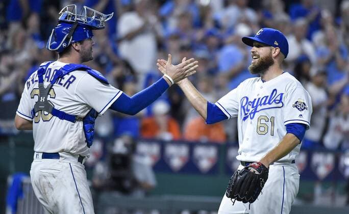 August 31, 2018 - Kansas City, MO, USA - Kansas City Royals catcher Cam Gallagher, left, and relief pitcher Kevin McCarthy celebrate the final out in a 9-2 win against the Baltimore Orioles at Kauffman Stadium in Kansas City, Mo., on Friday, Aug. 31, 2018. The Royals won, 9-2. Baltimore at Kansas City - ZUMAm67_ 20180831_zaf_m67_034 Copyright: xJohnxSleezerx