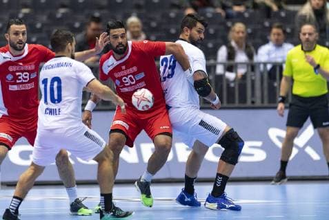 DK: 20190114, Herning, Danmark: 2019 IHF Verdensmesterskabet i handbold i Tyskland Danmark i Jyske Bank Boxen, Herning: Tunesien-Chile. Mohamed Soussi (39), Tunisia, Marouan Chouiref (90), Tunisia, Emil Feuchtmann (10), Chile, Marco Oneto (29), Chile Foto: Lars M¿ller UK: 20190114, Herning, Denmark: 2019 IHF Handball World Championship WM Weltmeisterschaft in Germany and Denmark. Jyske Bank Boxen, Herning. Tunisia-Chile. Mohamed Soussi (39), Tunisia, Marouan Chouiref (90), Tunisia, Emil Feuchtmann (10), Chile, Marco Oneto (29), Chile