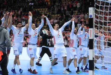 PXL_2019 World Men s Handball Championship, Croatia vs. Spain 17.01.2019., Olympiahalle, München, Germany - 2019 World Men s Handball Championship, Group B, Round 5, Croatia vs. Spain. Celebration of Croatian players. Luka Stepancic, Kresimir Kozina, Alen Blazevic, Luka Cindric, Igor Karacic. SlavkoxMidzor PIXSELL