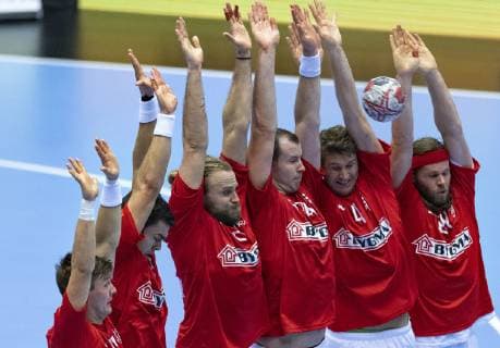 January 17, 2019 - Herning, Denmark - Lasse Swann (17), Denmark, Rasmus Lauge (11), Denmark, Henrik Moelgaard (21), Denmark, Simon Hald (34), Denmark, Magnus Landin (4), Denmark and Mikkel Hansen (24), Denmark are blocking a free throw during the group C handball match between Denmark and Norway in Jyske Bank Boxen in Herning during the 2019 IHF Handball World Championship WM Weltmeisterschaft in Germany Denmark. Handball 2019: Denmark-Norway - ZUMAm173 20190117_zsp_m173_004 Copyright: xLarsxMoellerx