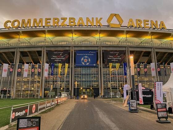 Commerzbank Arena Stadium, football stadium, exterior view, architecture, exterior, arena, light, light mood, evening mood, overview, long shot, night shot, evening sky, night sky, EINTRACHT FRANKFURT - FC BAYERN MUNICH 0-3 - DFL REGULATIONS PROHIBIT ANY USE OF PHOTOGRAPHS as IMAGE SEQUENCES and or QUASI-VIDEO - 1.German Soccer League , in Frankfurt, December 22, 2018 Season 2018 2019, matchday 17, FCB, München, Photographer: Peter Schatz